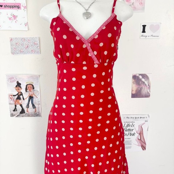 Dresses & Skirts - Vera Moda 90s Red Polka Dot Lace Trim Midi Slip Dress Small